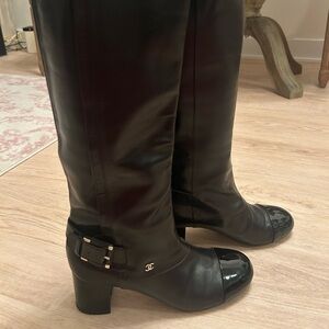 CHANEL Black Knee High Boots 38.5